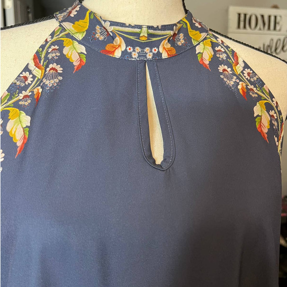 New COZY Halter Dress in Blue with Multicolored Floral Trim Size 8 - Picture 2 of 8